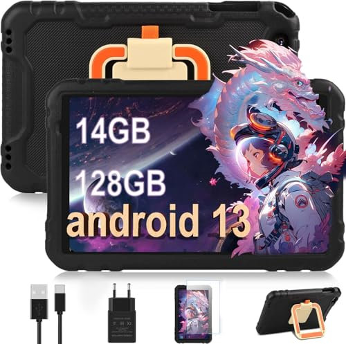 fezawio Tablet 10 Pulgadas 8 Core Android 13 Tableta con 14GB RAM+128GB ROM (TF 512) HD IPS Display |5MP+8MP|2.4G+5G Wi-Fi |8000mAh-Super Protective Antichoque Eva Estuche Protector,Negro