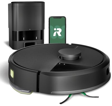 iRobot Roomba 105 Combo + Stazione Autosvuotamento, Robot Aspirapolvere Lavapavimenti, Navigazione ClearView LiDAR, Rileva Tappeti/Moquette, Pulizia Mirata, Controllo tramite App, Nero