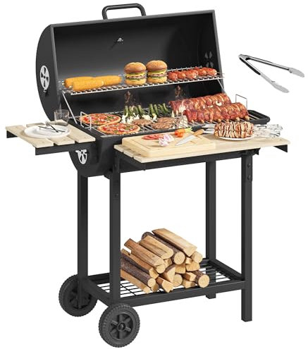 YITAHOME L Grillwagen Smoker Holzkohlegrill mit Gusseisenrost & Emaille-Pfanne - Mobiler BBQ Grill für Garten, Camping, Outdoor - Inkl. Thermometer, Küchenzange, Grillhandschuh, Robustes Design