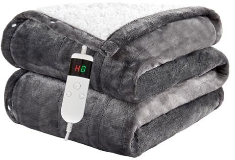 Qieryun Heated Throw 130X160cm Electric Blanket, 10 Heating Settings, 1-8h Timer overheat Protection, Machine Washable, Flannel & Sherpa Full Body Warming, Electric Throw Blanket for Sofa