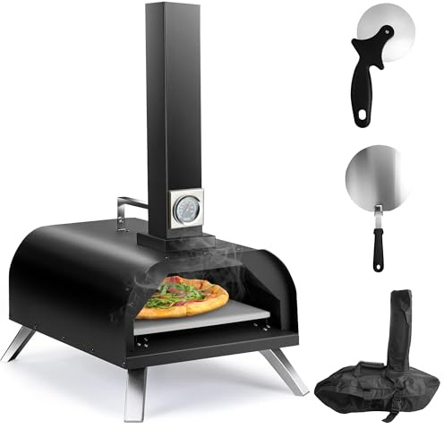 Karinear Forno per Pizza di Pellet e Carbone, Acciaio Inox Forno a Legna da Esterno per Pizza, Carne, Portatile Forno Pizza con Copertura Impermeabile, Pala, per Spiaggia, Campeggio, 36 cm, Nero