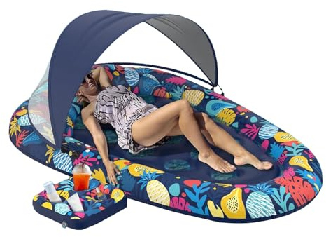 Chaises flottantes de piscine pour adultes, salon flottant gonflable, auvent pare-soleil 185 x 120 cm, porte-gobelet, tube de piscine confortable, accessoire d'eau d'été pour jardin