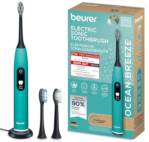 Beurer SC 50 Schallzahnbürste, elektrische Zahnbürste mit 5 Putzmodi & Andrucksensor, 80.000 Schwingungen, Display mit Putzdauer-Anzeige, inkl. 2 Aufsteckbürsten (Ocean Breeze)