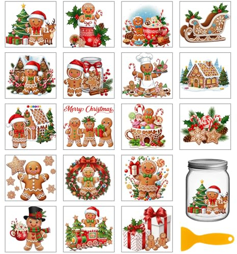 GLOBLELAND 18 Sheets Christmas Gingerbread Man Transfer Stickers 3.9x3.6inch Colorful Christmas Tree Sled Transfer Decal Rub on Transfer for Cup Decal Vase Glass Art Crafts Decorations