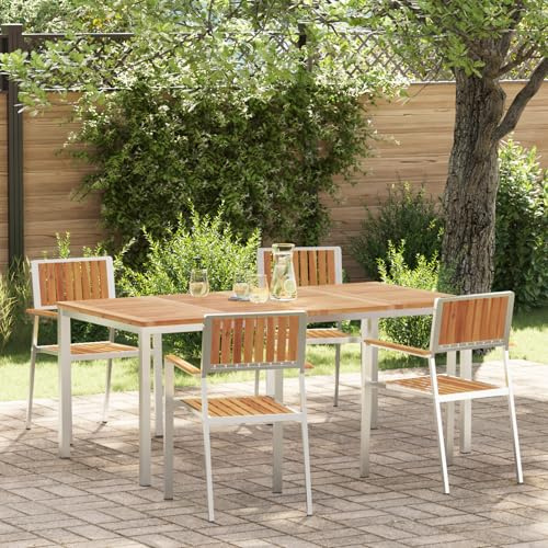 Rantry 5-teiliges Garten Esstisch Set aus massivem Akazienholz, Gartentisch 180x90x75 cm aus massivem Akazienholz, Stapelbare Gartensessel 4 Stück aus massivem Akazienholz und Metall Gartenlounge Mode