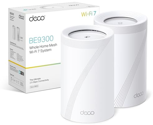 TP-Link Deco BE65(2-pack) BE9300 Mesh WiFi 7, Tri-Band Seamless AI Roaming, Mesh System with MLO,2,5 Gbps Ports, 4K-QAM, VPN Encryption,APP Control, Google Home, Alexa, HomeShield