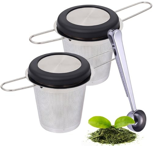 Infuseur à Thé avec Poignée et Couvercle Pliables,Filtre à Thé Trou Fin Acier Inoxydable,Filtre the pour Tasse avec Cuillère Doseuse,Convient aux Tasses de Différentes Tailles,2 pièces