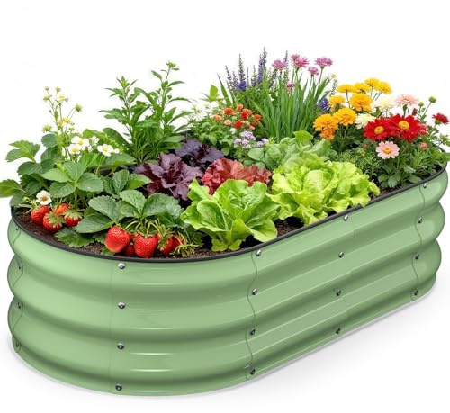 Yumatum Raised Garden Bed 4×2×1 FT, Galvanized Metal Raised Planter Box, Vegetable Planting Container with Safety Edge Trim, Hardware & Gloves Included, Fruit Green for Backyard Patio Balcony