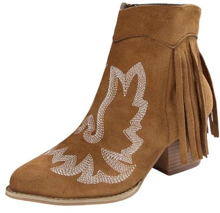 Generisch Botines de mujer con flecos Botas cortas Tacón bloque Cremallera Casual Cómodo deslizamiento Zapatos de invierno, marrón, 42 EU