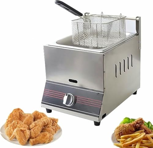 Friteuse à Gaz Professionnelle 10L en Acier Inoxydable avec Paniers et Couvercle, Puissance de Chauffe Réglable, pour Poisson, Poulet et Frites