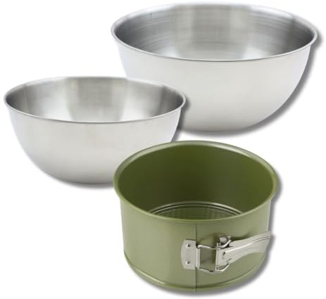 Zenker 9368850 Set 4 pièces Moule à Panettone 18 cm à Charnière, Antiadhésif ILAG et Cire de Carnauba, 2 Bols à Mixer en Acier Inoxydable 20,5 et 25 cm, Spatule à Pâtisserie Silicone, Vert, Inox, Rose