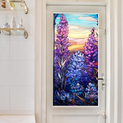 Fensterfolie Blaue Lila Pflanzen Milchglasfolie Selbsthaftend Fensterfolie Blickdicht Milchglasfolie Selbstklebend Fenster Statisch Haftend Klebefolie Fenster Sichtschutz Bad 45x100cm/1 Pcs