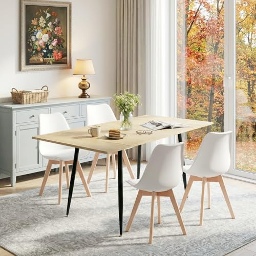 FURNITABLE Esstisch mit 4 Stühlen Esszimmergruppe,Rechteckig Küchentisch Ausziehbar Essgruppe und Esszimmerstühle Sitzgruppe für Wohnzimmer Küche,Büro,120-160cm(Eiche Tisch+4 Weiß Stühle)
