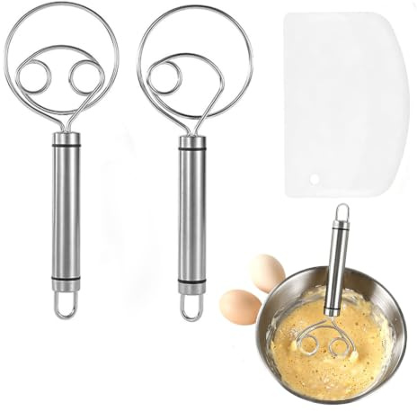2 Pièces Fouet à Pâte Danois en Acier Inoxydable 304 + 1 Grattoir à Pâte en PP, Mélangeur De Pâte à Pain, Fouet à Oeufs, Danish Dough Whisk Idéal pour Pain, Pizza, Gâteaux et Pâtisseries (21.5cm)