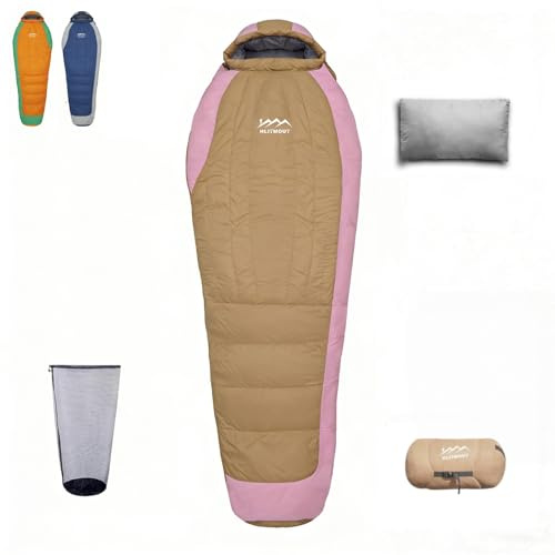 HLITMOUT Ultraleichter Daunenschlafsack mit Kissen, leichter kleiner Schlafsack für Damen, Herren, Kinder, Jungen und Mädchen, Wandern, Rucksackreisen und Camping im Freien (Rosa, 800 g Daunenfüllung)