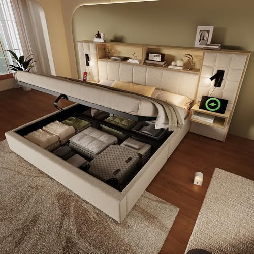 WIZBED Bett Komplett Set-Polsterbett 180x200 mit Nachttisch&LED&USB, Hydraulische Doppelbett Stauraumbett Bettgestell mit Lattenrost,ohne Matratze, Lattenrost, beige