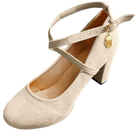 Traditional Shoes Women's Chunky Pumps Bridal Shoes Closed Comfortable Clip Pumps Platform Dance Shoes Wide Feet Block Heel Wedding Shoes Width H Traditional Shoes Wedge Pumps, beige, 10 UK