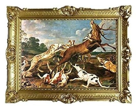 Made in Italy Bild Bilderrahmen Foto 90x70 cm Jagd Hunde Reh Exklusive Reproproduktion Bilder mit Rahmen Barock Wandbild Kunstdrucke Gemälde Retro Repro antik für Café Bar Home Büro Praxis 58B