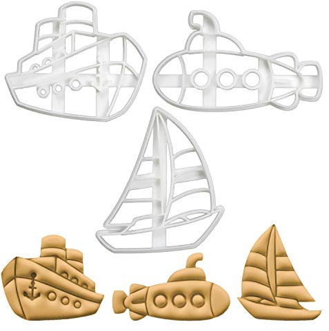 3er Set Marine Transportmittel Ausstechformen (Formen: Fähre, Unterseeboot und Segelboot), 3 Teile, Bakerlogy