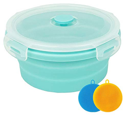 Collapsible Bowl Silicone Collapsible Container Food Storage Containers Collapsible Camping Bowl for Travel Camping Hiking with Airtight Plastic Lids and 2Pack Silicone Dish Sponges- Blue, 500ml