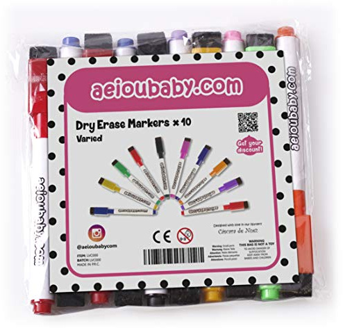 aeioubaby.com 10 Magnetische Whiteboard-Marker mit integriertem Löscher| Spezielle Trockenlöschung | Set Ideale Packung für Zuhause, Schule und Büro
