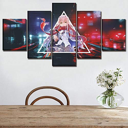 3D Leinwandbilder 5 Teile XXL Vlies Leinwand Bilder Dekoration Anime Darling In The Franxx Zero Two Bild Auf Leinwand 5Tlg Bilder Mehrteilig Zum Aufhängen 100×55Cm (Mit Rahmen)