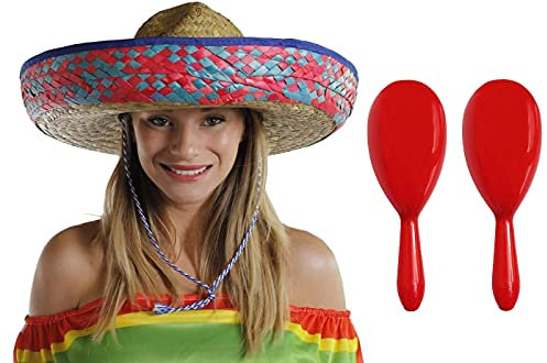 Mexikansk Sombrero halmhatt med maracas – perfekt för mexikanska fester Fiesta fin klänning firande hattar (6 blå/röda hattar + matchande maracas)