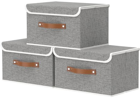 OUTBROS Scatole Portaoggetti con Maniglie, Contenitori Pieghevoli con Coperchio, Organizzatori per Vestiti, 33 x 23 x 20 cm, 3 Pezzi, Grigio