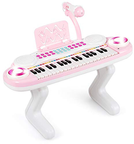 RELAX4LIFE Spielzeugklavier 37 Tasten, Klaviertastatur mit Ständer & Licht, Kinderklavier mit 8 Rythmusmodi & 8 Tönen & 4 Schlagzeugtönen & Mikrofon & Audio-/USB-Kabel, Aufnahme & Abspiel (Rosa)