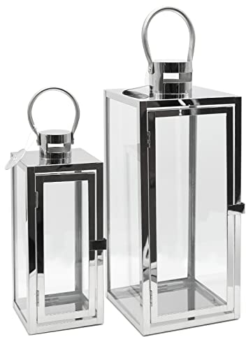 Dekovita 2er-Set Gartenlaterne 30cm/42cm - Edelstahl-Laternen mit Henkel - Windlicht Deko-Laterne aus Metall