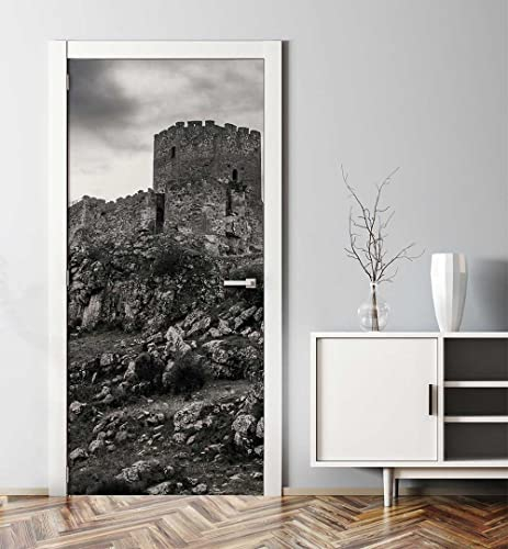 MyMaxxi - Tür bekleben mit Türtapete Selbstklebend 90x200 Schloss schwarz Weiss - Tür verschönern Türfolie - Türaufkleber XXL Aufkleber Folie- Türposter Türklebefolie Burg Gebirge schwarz-Weiss -
