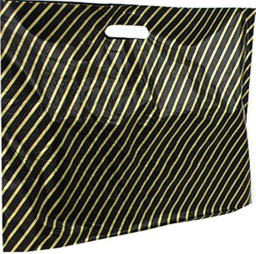 50 Pack Large Black And Gold Stripe Plastic Polythene Shopping Gift Boutique Fancy Carrier Bags - Size 15 x 18 x 3
