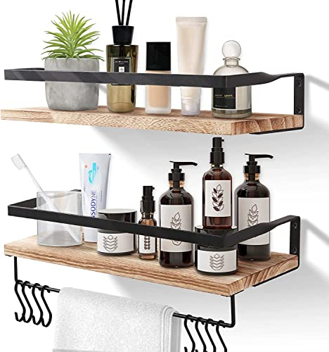 Uten Wandregal Holz, Schweberegal Rustikal mit Handtuchhalter 2er Set Hellbraun für Schlafzimmer, Wohnzimmer, Badezimmer, Küche, Büro