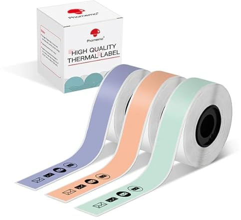 Phomemo D30 Label Maker Endlos-Etikettenband, Schwarz auf Mintgrün, Hellorange, Lavendelviolett Langer Aufkleber Thermopapier Selbstklebendes Etikettenband, 15 x 6m langes Band, 3 Rollen
