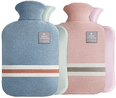 2 Pack Hot Water Bottle with Knitted Cover - 2 Liter Large Capacity Hot Water Bag for Hot and Cold Compress, Hand Feet Warmer, Neck and Shoulder Pain Relief （Blue + Pink）