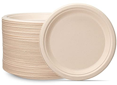 DHAIQC Lot de 120 Assiettes en Carton Compostables 17,8cm, Assiette Jetable Durable Assiette en Bagasse Naturelle, Assiettes de Fête Vaisselle Jetable (Brown, 120 pièces-17,8cm)