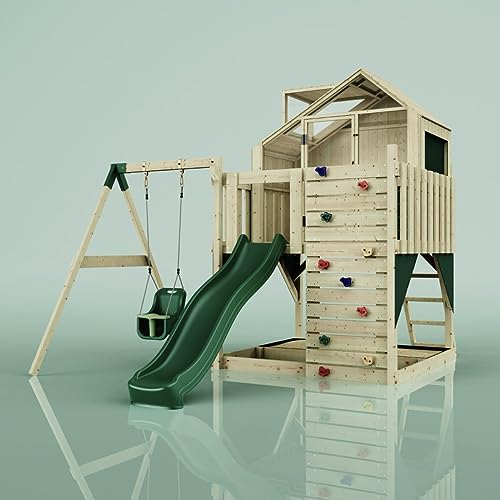 Rebo Spielturm mit Spielhaus inkl. Wellenrutsche und Baby-Schaukel | Outdoor Klettergerüst Garten | Kletterwand und Kletterleiter | Stabile Konstruktion, Weiches Gefühl in den Seilen