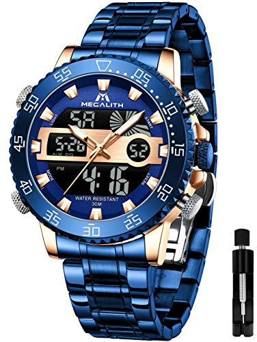 MEGALITH Mens Watch Digital Waterproof Stainless Steel Blue Big Face LED Analog Multifunctional Outdoor Sports Watch, Men's Wrist Watches with Dual Time Backlight Display Alarm Stopwatch