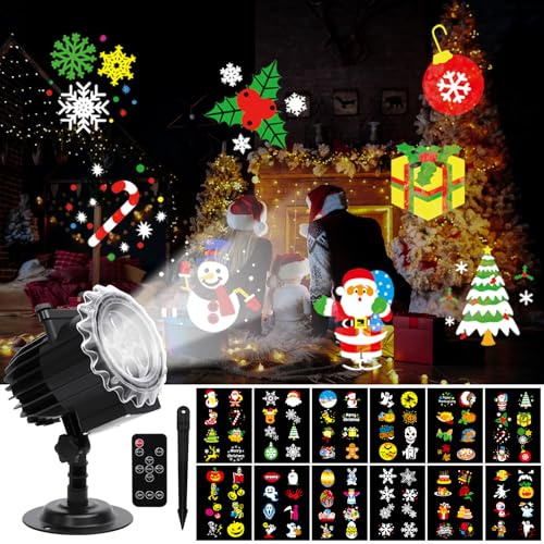 ROVLAK Proyector Navidad y Halloween Exterior Interior, 12 HD Patrones LED Luces de Proyector Navidad Luz Lámpara de Proyección IP65 Impermeable con Control Remoto para Fiestas, Jardines, Patios