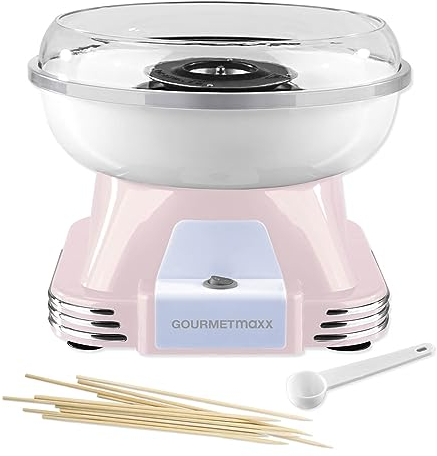 GOURMETmaxx Máquina de Algodón de Azúcar para el hogar | El original con 10 palitos y cuchara medidora en nostálgico diseño retro en color rosa | Mejor algodón de azúcar