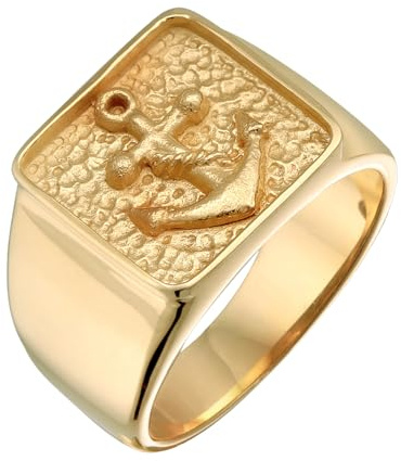 Kuzzoi Siegelring Herrenring 925 Silber Siegelring massiv (14 mm) vergoldet | mit Ankersymbol Goldener Ring für Männer in der Ringgröße 60 - 66