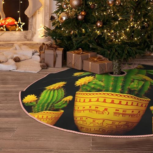 Jupe de sapin de Noël en lin imprimé cactus jaune pour décoration de fête de fin d'année, 91,4 cm