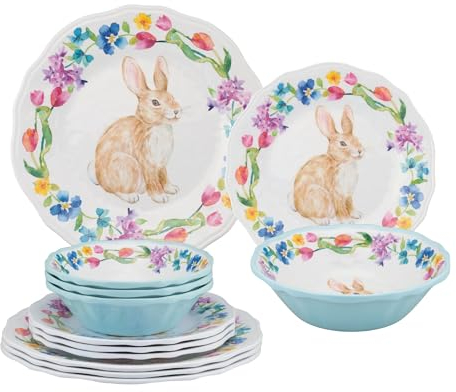 UP ware - Juego de vajilla de melamina de conejo floral de 12 piezas, juego de platos para exteriores, juegos de platos y cuencos, decoraciones de Pascua, servicio para 4, multicolor