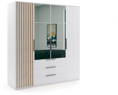 BM-Möbel Kleiderschrank mit Drehtüren, Schubladen und Spiegel - mit Einlegeböden und Kleiderstange - für Garderobe, Schlafzimmer - mit Lamellen aus Holzimitat - Weiß - 200 cm B, 215 cm H