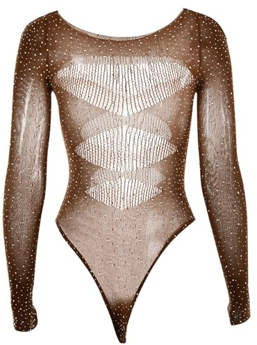 Owegvia Schwarze Bodys für Damen, schulterfrei, glänzend, Strass, sexy Bodysuits, T-Shirt, langärmelig, Netz-Body, Gymnastikanzug, beige, Einheitsgröße