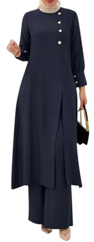OBEEII Muslimische Kleider für Damen 2 Teiler Corban Ramadan Outfit Langarm Oberteile Und Hosen Naher Osten Dubai Türkisches Islamische Kleidung Navy M