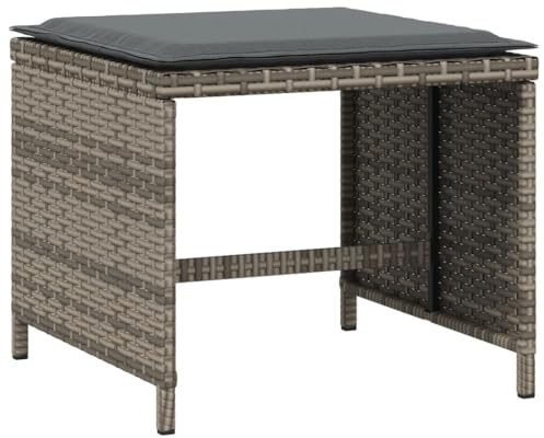 vidaXL Gartenhocker mit Kissen 4 STK., Sitzhocker mit Stahlrahmen, Fußhocker für Garten Terrasse, Hocker Gartenstuhl Gartenmöbel, Grau Poly Rattan
