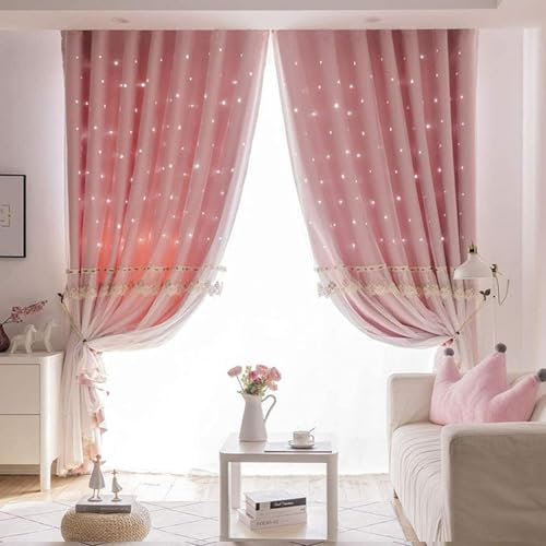 DECAKE Verdunkelungsvorhänge, weich, solide, wärmeisoliert, Ösen, Fensterbehandlung, Kindervorhänge für Mädchen und Jungen, Schlafzimmer, Tüll, doppellagige Vorhänge/1 Stück (blau, rosa,
