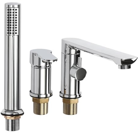3 Loch Badewannenarmatur Set Ausziehbarem Handbrause Wannenrandarmatur, Mischbatterie Duschsysteme Silber Einhandmischer Armatur Moderne Duschkopf für Badewannen, Chrom