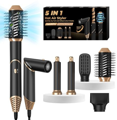 UKLISS 5 in 1 Airstyler & Haartrockner mit Luft-Lockenstab Warmluftbürste Multistyler Airbrush Hairstyler Stylingbürsten Haarstyler Haar Styling Föhn Geschenken für Frauen Hair Dryer Set, Schwarz